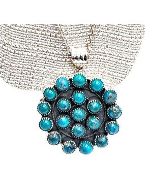 Womens Necklace Sterling Silver Blue Turquoise Pendant 18" Necklace 58 Gram